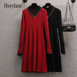 Plus Size Women Korean Red Black Knitting Dress Autumn Winter Long Sleeve Lace Round Neck elegant Vintage Dresses Women Vestidos Y1006