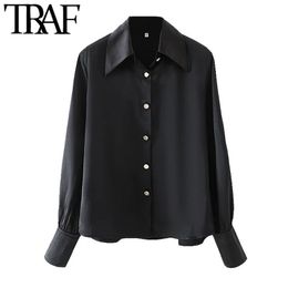 TRAF Women Fashion With Metal Buttons Black Blouses Vintage Long Sleeve Button-up Female Shirts Blusas Chic Tops 210415