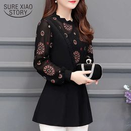 Fashion Spring Black Lace Gold Print Hollow Women Tops and Blouses Sexy Long Sleeve Slim Bottomed Shirt 8078 50 210527