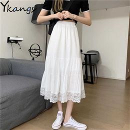 Women Chiffon Lace Pleated Skirts White Black Chic A-Line Skirt Korean Fashion Preppy Style Vintage High Waist Patchwork Solid 210619