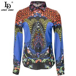 Fashion Designer Summer Loose Shirt Casual Women Turn-down Collar Print Vintage Long sleeve Blouse 210522