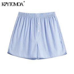 Women Fashion Side Pockets Striped Bermuda Shorts High Elastic Waist Split Hem Female Short Pants Mujer 210420