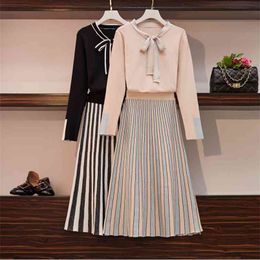 Autumn Winter Korean Casual Knitted 2 Piece Set Women Sweater Pullover Top + Striped Pleated Long Skirt Suits Two 210514
