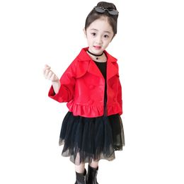 Kids Clothes Leather Jacket + Mesh Dress Girls Outfits Spring Autumn Solid Colour Children's Costume 210527
