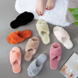 Women Cross Band Slippers Soft Plush Furry Cosy Open Toe House Shoes Indoor Outdoor Faux Fur Warm Flip Flops Simple Slides 211229