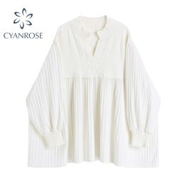 Oversized White Knitted Shirt Dress Women Korean Vintage Pleated Crop Midi Ladies Puff Long Sleeve Elegant Sweet Vestidos 210515