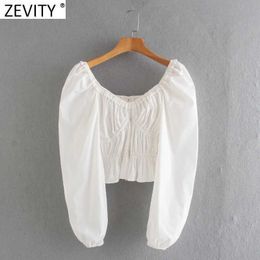 Zevity Women Sweet V Neck Elastic Solid Colour Short Smock Blouse Femme Puff Sleeve Hem Ruffles Slim Shirt Roupa Chic Tops LS9094 210603