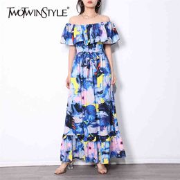 Print Dress For Women Slash Neck Short Sleeve High Waist A Line Ankle Length Hit Colour Dresses Female Clothing 210520