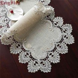 Longshow Elegant Vintage Embroidered Lace Trim Dining Linen TV Stand Bedding Canibet Cover Table Runner 210709