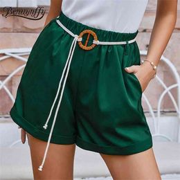 Summer Pocket Loose Solid Shorts with Belt Fashion Korean Women Casual Mid Waist Straight Female Clothing 210510