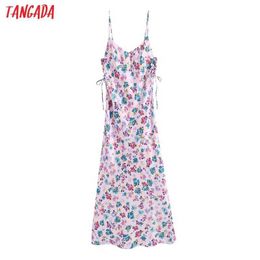 Tangada Fashion Flowers Pink Flowers Print Summer Dresses for Women Side Pleated Bow Female Casual Beach Dress CE193 210609