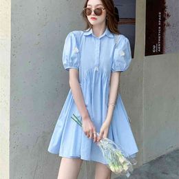 Summer Womens Turn-Down Collar Puff Sleeve Solid Colour Ruched Shirts Dress Retro Casual Elegant Mini 210519