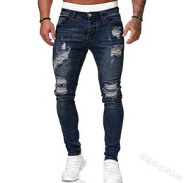 Men's Hole Ripped Skinny Jeans Men's Fashion Coloured Drawing Wrinkle Jimpness Pencil Pants Motor Biker Hip Hop Deni Casu2483