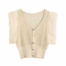 women fashion hollow out lace embroidery patchwork knitted casual slim thin sweater ladies sweet buttons sweater tops S257 210603