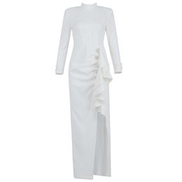Sexy Women Dress White Elegant Long Lace Ruffles Spring Autumn Club Celebrity Party Dresses Ladies Clothing 210515