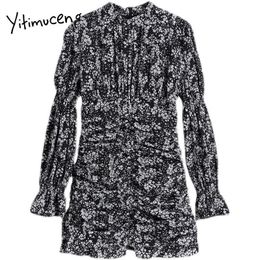 Yitimuceng Folds Floral Pint Mini Dresses Women Half High Collar A-Line Long Sleeve Sheath Black Summer Fashion Dress 210601