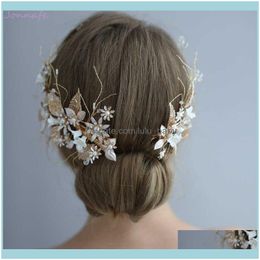 Jewelryjonnafe Wedding Crown Clip Gold Leaf Floral Bridal Hair Jewelry Handmade Vintage Women Prom Headpiece Aessories Drop Delivery 2021 Oz