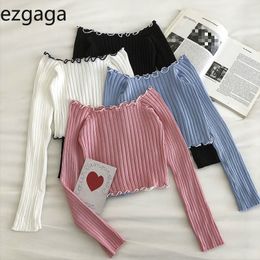 Ezgaga Crop Tops Sexy Slash Neck Ruffles Long Sleeve Slim Ladies Base Korean Thin Knitted Sweater Sweet Ladies Pullover Casual 210430