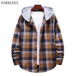 Classic Plaid Hoodie Shirt Men Fashion Patchwork Long Sleeve Checked Hooded Shirts Mens Hipster Streetwear Shirt Chemise 210522