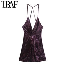 Women Sexy Fashion With Knot Velvet Mini Dress Vintage Backless Thin Straps Female Dresses Vestidos Mujer 210507