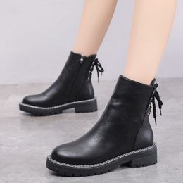 Autumn Winter Boots Ankle Boots for Women Shoes Woman Solid Soft Leather Lace Up Zip Square Mid Heels Motorcycle Boots Plus Size