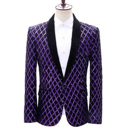 Plaid Jacket Men Stage Party Mens Suit Jacket Sequin Dress Luxury Performance Mens Blazer Wedding DJ Singer Velvet Costume Homme 210524