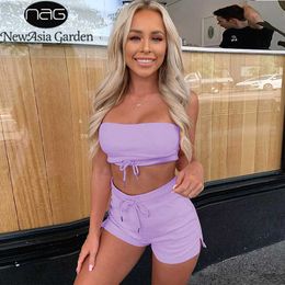 NewAsia Drawstring Sporty 2 Pieces Set Women Tube Tops And Jogging Shorts Set Tracksuit Solid Off Shoulder Clothes Loungewear Y0702