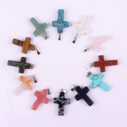 Fashion DIY Natural Crystal Stone Handmade Cross Charms Pendant Necklaces For Women Men With Chains Jewelry