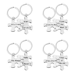 Men women stainless steel couple keychain key ring puzzle Jewellery Valentines day gift lettering titanium metal keyrings