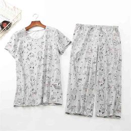 Cotton Print Cat Pyjama Set Summer Women Pyjamas Top + Capris Elastic Waist Plus Size 3XL Lounge pijamas S92004 210421