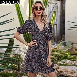 Summer Dress Deep V Neck Printing Women Clothing Casual Loose Half Sleeve Fashion A-Line Party for 210515