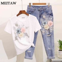 2020 Fashion Women Embroidery 3D Flower T-shirts Jeans Two Pieces Sets Clothing Summer Casual Hole Denim Pants Suit X0428