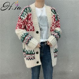 H.SA Autumn Winter Women Sweaters Jacket Loose Style Vintage Snowflake Retro Knit Coat Warm Thick Outwear Sweater Coats 210417