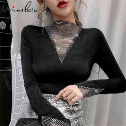 Spring Autumn Sexy Diamonds T-Shirt Tops Fashion Shiny European Clothes Ropa Mujer Bottoming Shirt Tees New T03104 210406