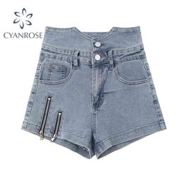 Summer Harajuku Zipper Patchwork Denim Shorts Women Fashion High Waist Jeans Short Lady Korean Cowboy Trousers 210515