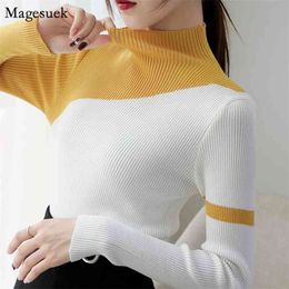 Autumn Fashion Semi-high Collar Knitted Sweaters Women Casual For Turtleneck Patchwork Tops Jumper 6998 50 210512