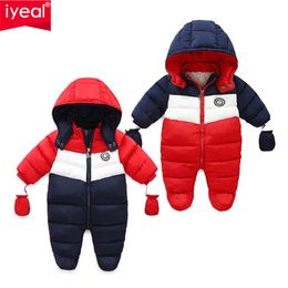 IYEAL born Baby Snowsuit Children Infant Winter Coat Warm Liner Hooded Zipper Jumpsuit Boys Girls Duck Down Outwear Overalls 210826