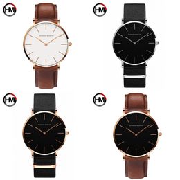 HM High Quality Rose Gold Dial Watch Mens Leather Simple Waterproof Wrist Watch Women Fashion Dress Quartz Clock erkek kol saati X0625