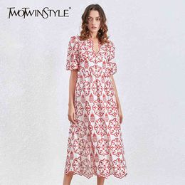 TWOTWINSTYLE Vintage Print Dress For Women Asymmetrical Collar Puff Short Sleeve High Waist Dresses Female Autumn Fashion 210517