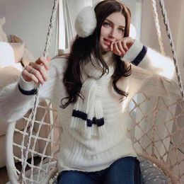 Dabuwawa Fashion Warm White Turtleneck Scarf Sweater Women Ladies Winter Long Sleeve Pullover Tops with Scarf DN1DKT038 210520