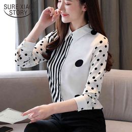 Women Shirts Spring Fashion Chiffon Blouses Long Sleeve Wave Point Stripes Splice Ladies Tops Cardigan Clothing 8527 50 210417