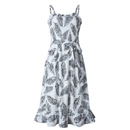 Summer New Women's Bohemian Dress Fashion Print Slim Strap Lace Backless Bohemian Dress Leaf Print Beach Sleeveless Dress 210419