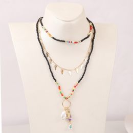 3 Pcs/Set Bohemian Female Black Glass Beaded Necklaces For Women Fashion Pearl Lock Key Pendant Gold Chain Necklace Jewelry