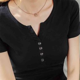 T Shirt Women V-Neck Fashion Short Sleeve Summer Tops T-shirt Elegant Slim Korea Cotton Plus Size S-4XL 210507
