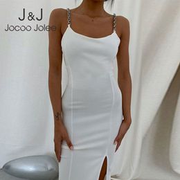 Jocoo Jolee U-Neck Chain Split Off Shoulder Backless Women Skinny Summer Sexy Basic Elegant Dress Solid Casual Party Club 210518