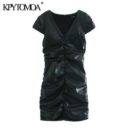 Women Chic Fashion Faux Leather Pleated Mini Dress Short Sleeve Back Zipper Female Dresses Vestidos Mujer 210420