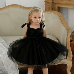 Princess Girls Dress Pearls Kids Dresses Bow Shoulder 1st Birthday Dress Baby Girl Tulle Flower Girl Dress for Wedding 1-5Years Q0716