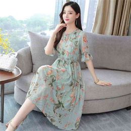 summer Women's Large size Chiffon O Neck Dress Lotus sleeve printing Female dresses women 210507