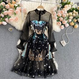 SINGREINY Design Stars Mesh Dress Women Retro Splice Long Sleeve A-line Dresses Spring Korean Elegant Print Party Midi Dress 210419