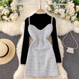 Spring Fashion Age Reduction and Slimming Suit Two-piece Plaid Tweed Suspender Dress All-match T-shirt Women C387 210507